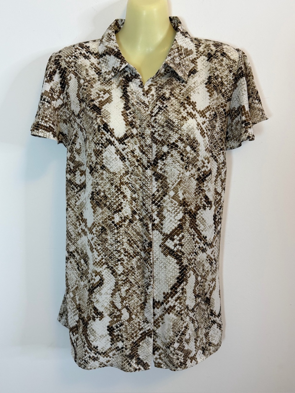 Worthington Brown and White Snake-Print Button Front Top